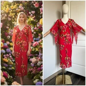 VTG 90s American Angel Sz M Womens Y2K Red Floral Midi Dress Bias Cut Beaded NEW